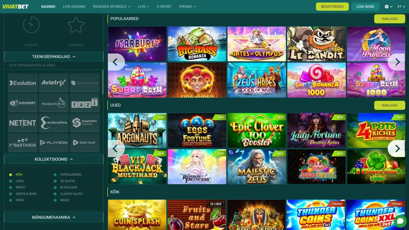 Vivatbet kazino lobby sa slot igrama i filterima